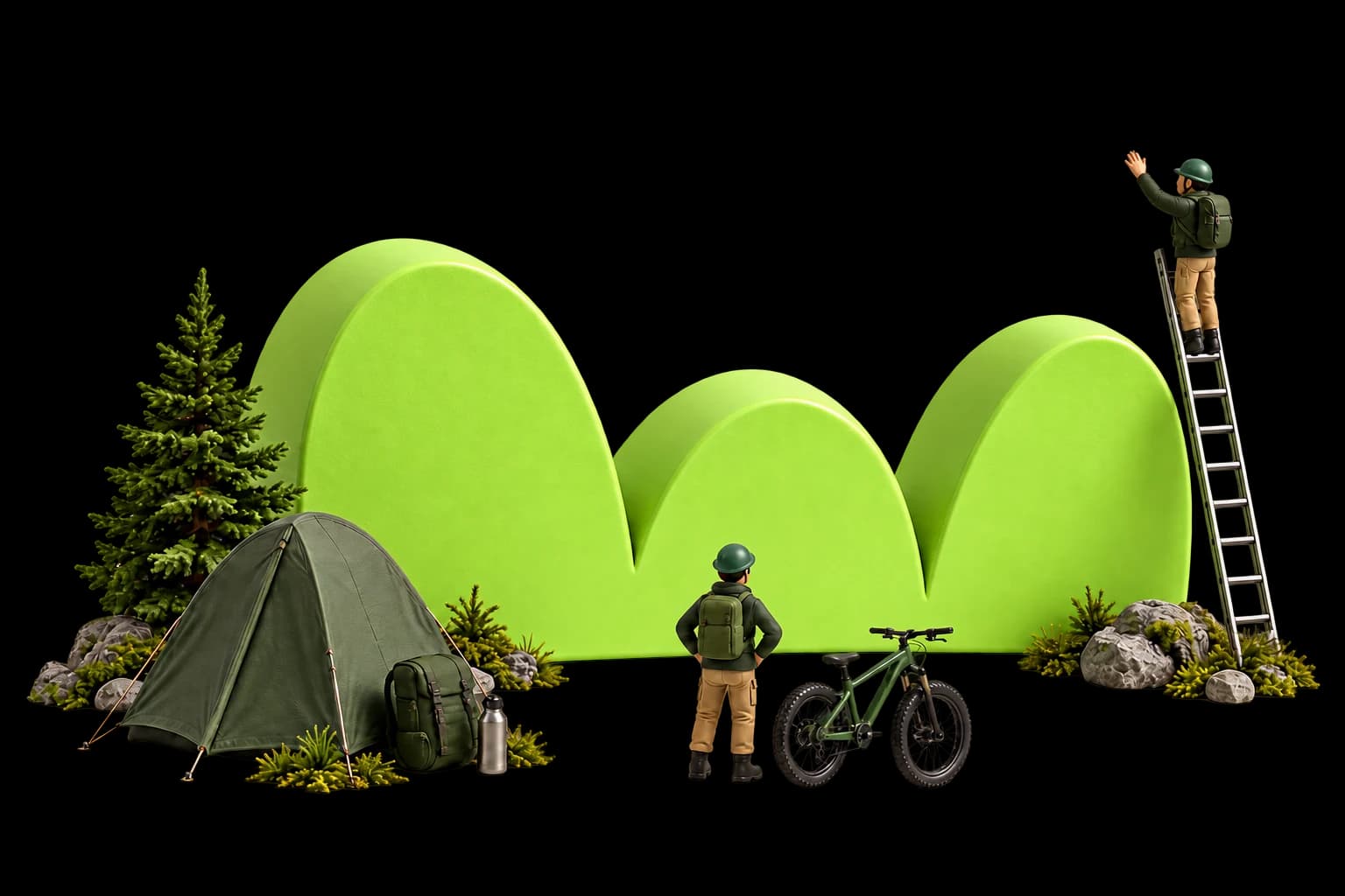 Il simbolo Wibe in una scena outdoor in miniatura, con tenda, bici e due esploratori.